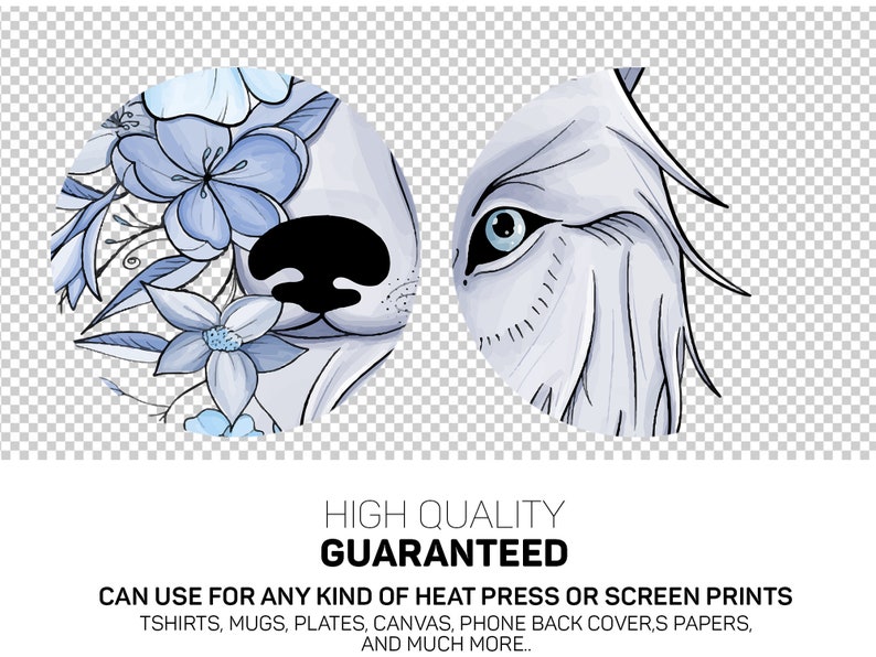 Wolf Face Floral Line Art Flowers Blue Cool Color Half Wolf Half