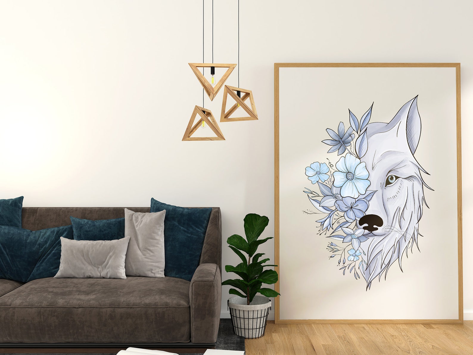 Wolf Face Floral Line Art Flowers Blue Cool Color Half Wolf Half