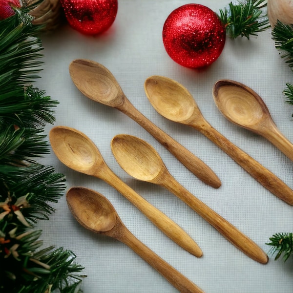 6 Pieces Small Olive Wood Spoons (No Wood Grain or Pattern) - 6 inches Long - Small Hand Carved Non Toxic Coffee Tea Sugar Spoon