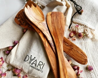 Olive Wood Utensils – Wooden Cooking 100% Natural Hand Carved  – 5 Pcs Non-Toxic Kitchen Utensil Set – 12"