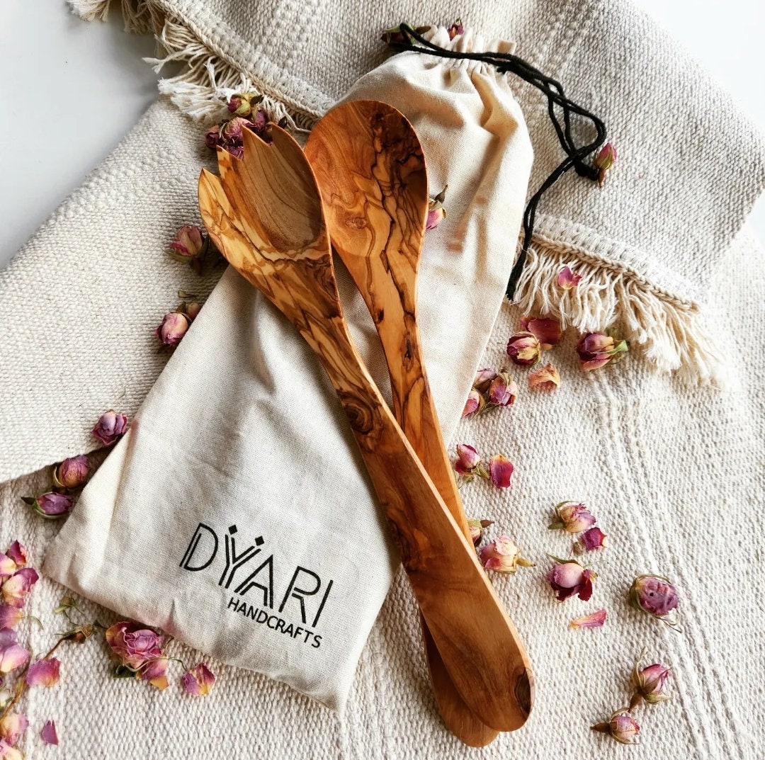 Olive Wood Utensils Cooking, Serving & Mixing Set Salad Fork and Spoon
