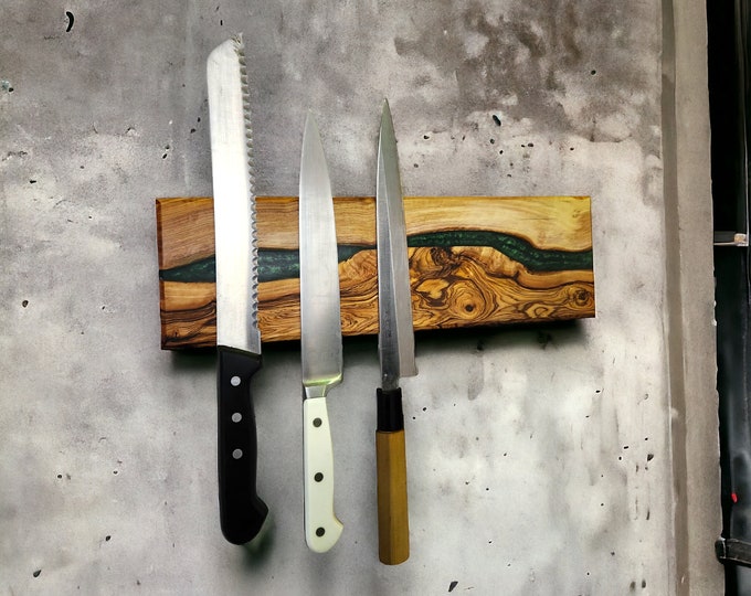 Epoxy River Knife Holder - Olive Wood Magnetic Knife Rack - Magnetic Wooden Knife Storage -Resin Wood Knife Strip