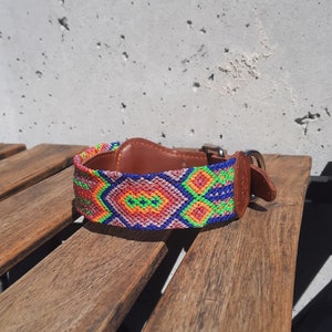 May include: A colorful dog collar with a geometric pattern in shades of pink, blue, green, and orange. The collar is made of woven fabric and has a brown leather backing.