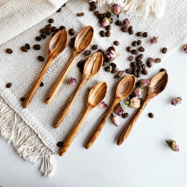 Small Olive Wood Spoons - 5.5 inches Long - Small Hand Carved Non Toxic Coffee Tea Sugar Spoon