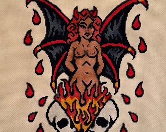 Flaming Skull Pin-Up Girl Cross Stitch Pattern