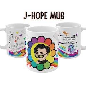 Hobicore Mug, linda taza de café J-hope, chibi de fan art, BT coleccionable, merchandising de K-pop, taza de bts, regalo de fan de k-pop, taza de hobi, mundo de esperanza
