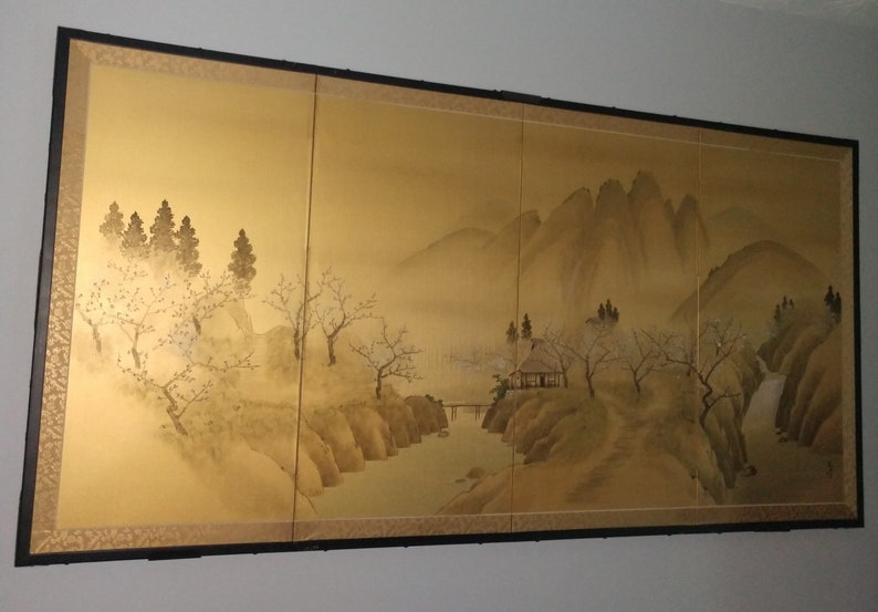 Japanese Kyoto Gold Silk Screen circa 1950s Etsy