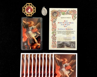 Stone of Saint Michael the Archangel Relic Pack - Genuine with COA - Stone From Apparition Grotto Monte Gargano with Relic Cards & Medal