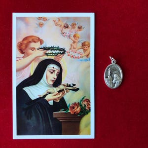 Pacote de medalhas de relíquias de Santa Rita de Cássia - Cartão sagrado e medalha de relíquia de terceira classe (tocado na relíquia de Santa Rita)