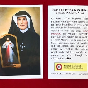 Sainte Faustine Kowalska (apôtre de la miséricorde divine) Cartes saintes relique de troisième classe (touchée à une relique de la sainte de première classe) - Stock cartonné