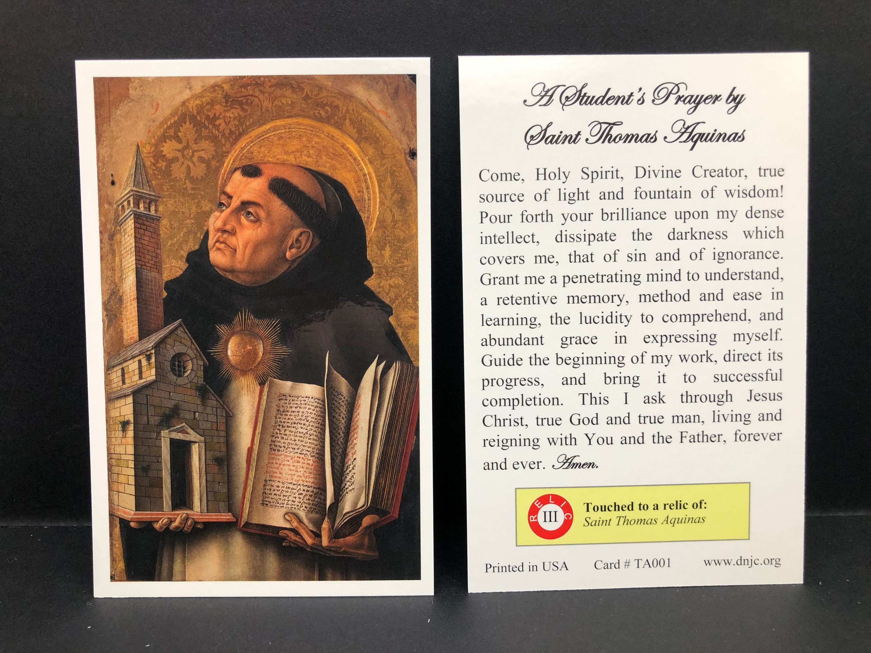 BULK PACK 50 CARDS - Saint Thomas Aquinas Third Class Relic Holy Card  (Touched to a relic of Saint Thomas Aquinas)