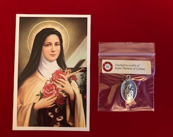 Saint Therese of Lisieux Relic Medal Pack - Third Class Relic Holy Card & Medal  (Touched to relic of St Therese de Lisieux)