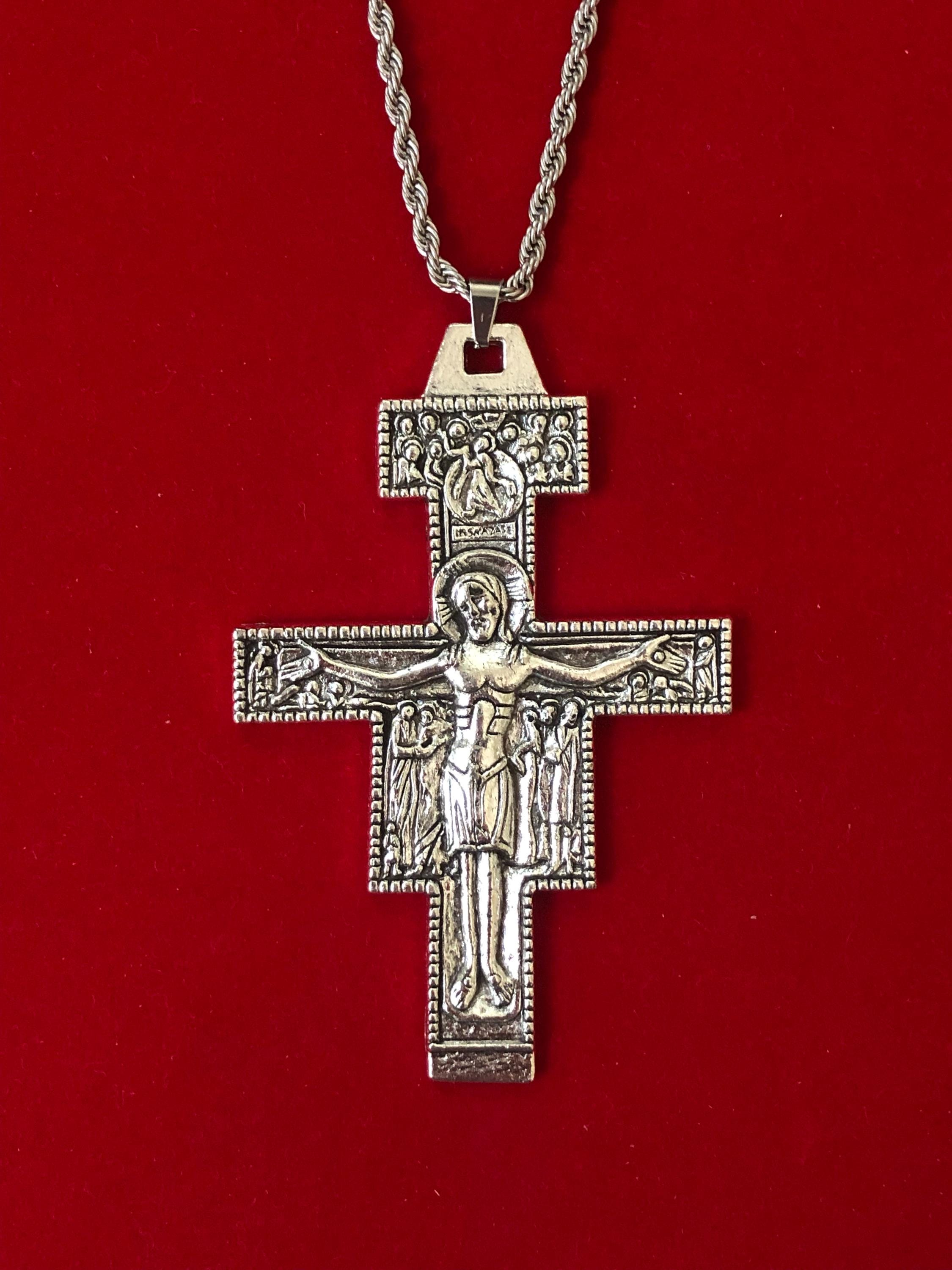 San Damiano Relic Cross Crucifix Pendant and Necklace - Touched to over 200 sacred relics of Our Lord and His Saints - Franciscan Cross