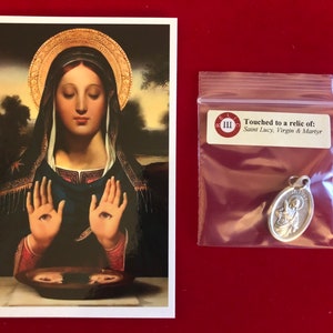 Saint Lucy Relic Medal Pack - Third Class Relic Holy Card & Medal  (Touched to relic of St Lucy)