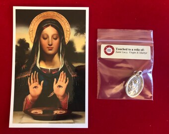 Saint Lucy Relic Medal Pack - Third Class Relic Holy Card & Medal  (Touched to relic of St Lucy)