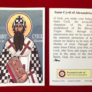 Saint Cyril of Alexandria Third Class Relic Holy Cards (Touched to a first class relic of the Saint) - Card Stock