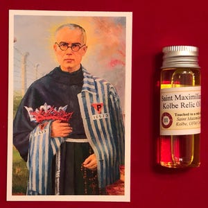 Heilige Maximiliaan Kolbe Devotional Relic Holy Oil Pack (aangeraakt door een relikwie van de heilige Kolbe)