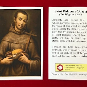 PACK DE 50 CARTES - Cartes sacrées relique de troisième classe de Saint Didacus d'Alcala (Diego) (touchées à une relique du saint de première classe) - Stock cartonné