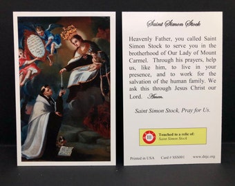 Saint Simon Stock Third Class Relic Holy Card  (Touched to a relic of Saint Simon Stock)