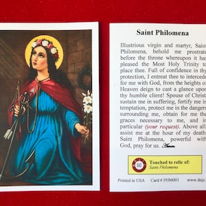 Cartes saintes relique de troisième classe de Sainte Philomène (touchées à une relique de la sainte de première classe) - Stock cartonné