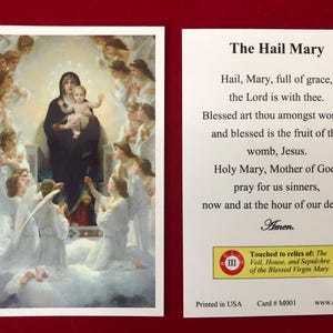 PAQUETE DE 50 TARJETAS - Estampa Sagrada Reliquia de Tercera Clase de la Santísima Virgen María (Tocada con las reliquias de Velo y la Casa de B.V.M.) con Oración del Ave María