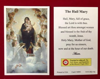 BULK PACK 50 CARDS - Blessed Virgin Mary Third Class Relic Holy Card (Touched to relics of Veil and House of B.V.M.) with Hail Mary Prayer