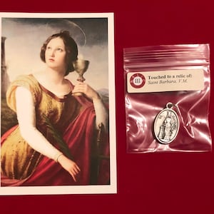 Saint Barbara Relic Medal Pack - Third Class Relic Holy Card & Medal  (Touched to a relic of Saint)