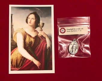 Saint Barbara Relic Medal Pack - Third Class Relic Holy Card & Medal  (Touched to a relic of Saint)