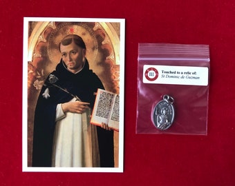 Saint Dominic de Guzman Relic Medal Pack - Third Class Relic Holy Card & Medal  (Touched to relic of St Dominic)