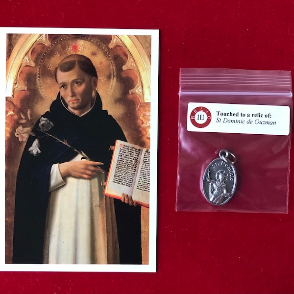 Saint Dominic de Guzman Relic Medal Pack - Third Class Relic Holy Card & Medal  (Touched to relic of St Dominic)