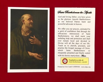Saint Bartholomew the Apostle Third Class Relic Holy Cards (Touched to a first class relic of the Saint) - Card Stock