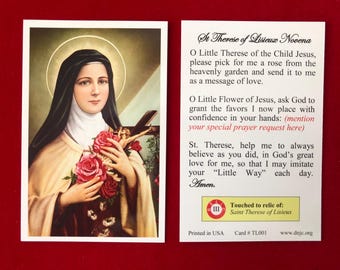 Estampa religiosa de tercera clase de Santa Teresa de Lisieux (tocada con una reliquia de Santa Teresa de Lisieux) - Recubierta de plástico