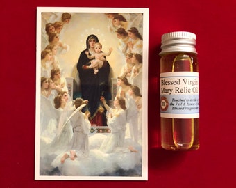Pacote de óleo sagrado para relíquias devocionais da Bem-Aventurada Virgem Maria (tocado com uma relíquia do véu e da casa da BVM)