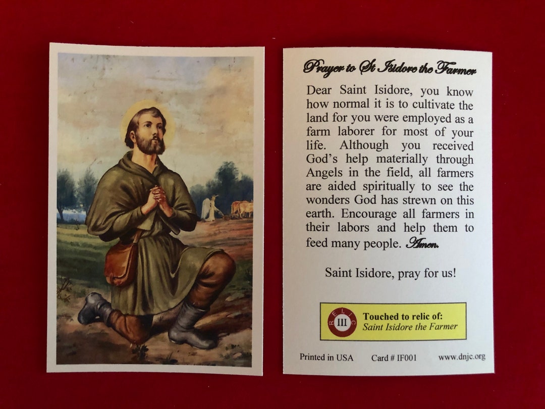 Saint Isidore the Farmer Third Class Relic Holy Cards touched to a