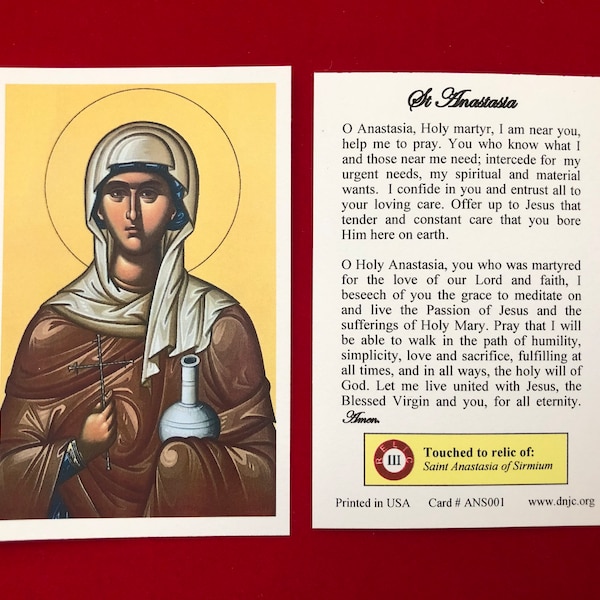 Saint Anastasia Third Class Relic Holy Cards (Touched to a first class relic of the Saint) - Card Stock