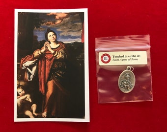 Saint Agnes of Rome Relic Medal Pack - Third Class Relic Holy Card & Medal  (Touched to relic of St Agnes)