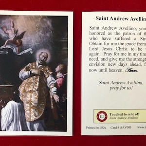 Saint Andrew Avellino derde klas relikwie heilige kaarten (aangeraakt door een relikwie van de heilige) - karton - Patron Stoke Victims