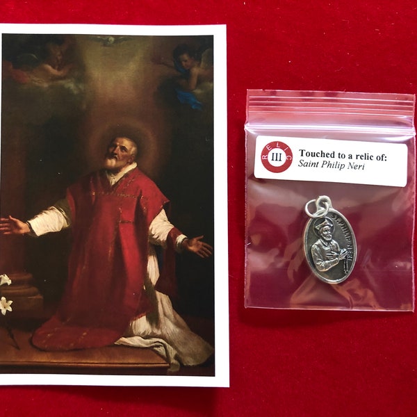 Saint Philip Neri Relic Medal Pack - Third Class Relic Holy Card & Medal  (Touched to relic of St Philip Neri)