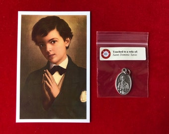 Saint Dominic Savio Relic Medal Pack - Third Class Relic Holy Card & Medal  (Touched to relic of St Dominic Savio)