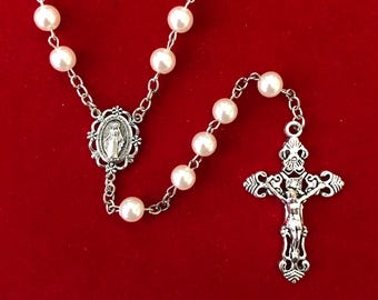 Pearl Bead Miraculous Medal Relic Rosary - Touched to over 600 sacred relics of Our Lord, Blessed Mother, Apostles, Martyrs and Saints