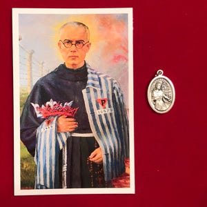 Pack de médailles de relique de Saint Maximilien Kolbe - Médaille et carte sacrée relique de troisième classe (touché à la relique de Saint Maximilien Kolbe)