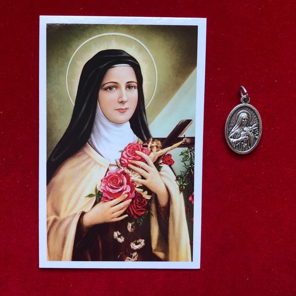 Saint Therese of Lisieux Relic Medal Pack - Third Class Relic Holy Card & Medal  (Touched to relic of St Therese de Lisieux)