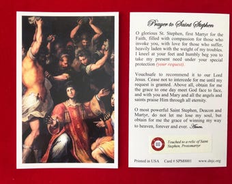 Saint Stephen the First Martyr Third Class Relic Holy Card  (Touched to a relic of Saint Stephen) - Plastic Coated
