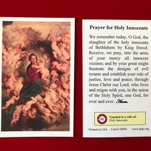 Holy Innocents Third Class Relic Holy Cards (Touched to a first class relic of the Saints) - Card Stock