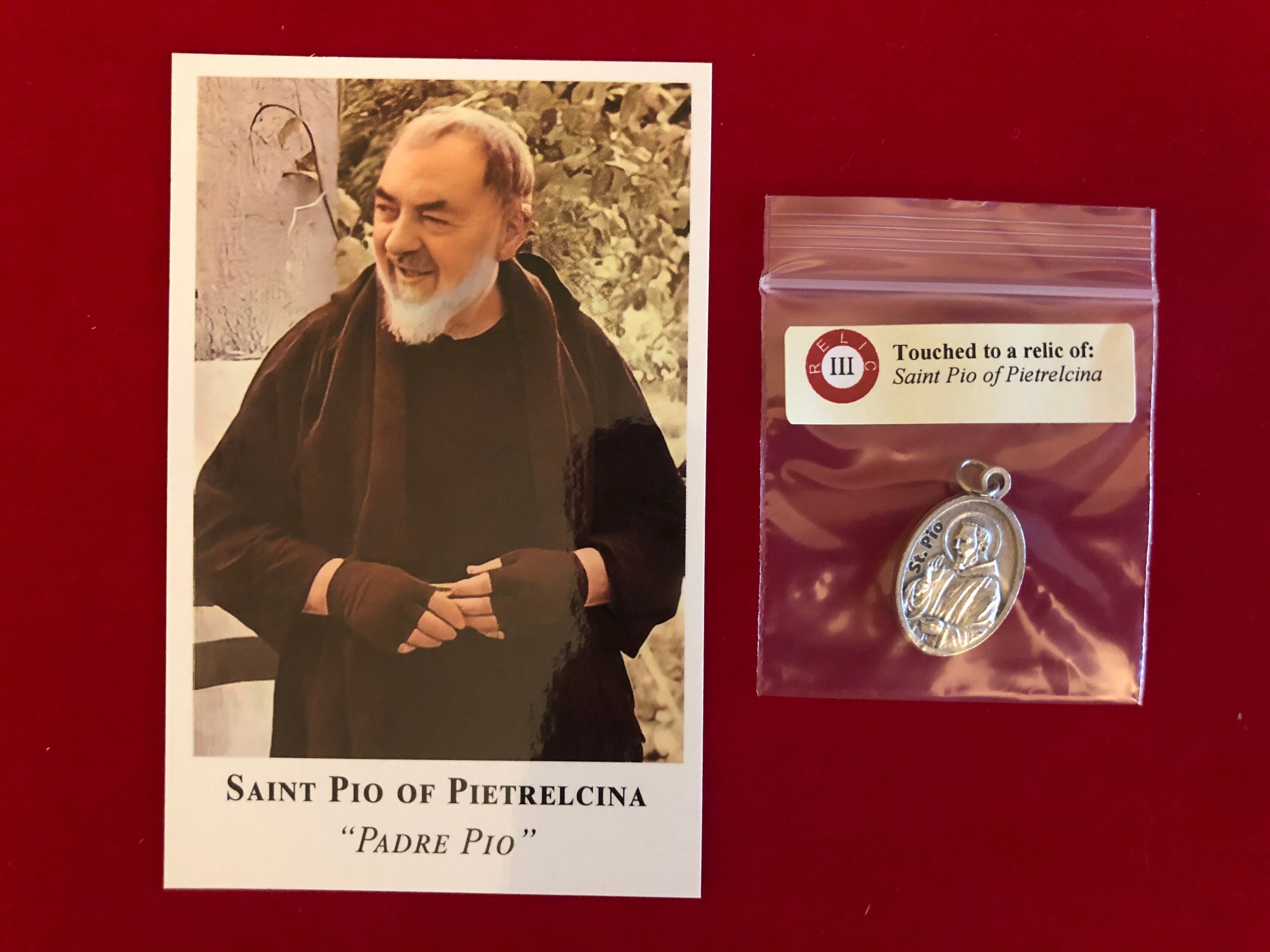 Saint Padre Pio Relic Medal Pack Third Class Relic Holy Card Etsy