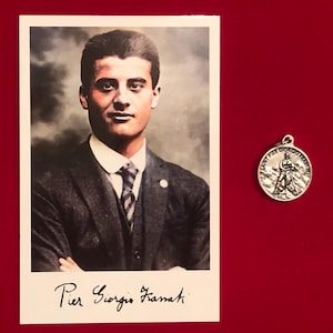 Saint Pier Giorgio Frassati Relic Pack - Third Class Relic Holy Card and Round Medal  (Touched to relic of Saint Frassati) - Plastic Coated
