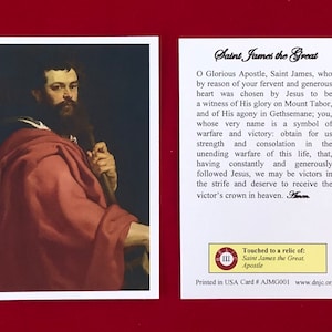 Cartes saintes relique de troisième classe de Saint Jacques le Grand Apôtre (touché à une relique du saint de première classe) - Stock cartonné