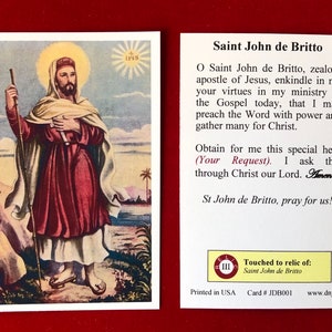 Cartes saintes relique de troisième classe de Saint John de Britto (touchées à une relique du saint de première classe) - Stock cartonné