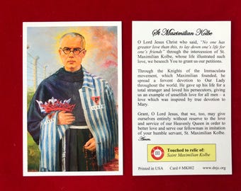 Saint Maximillian Kolbe Third Class Relic Holy Card  (Touched to a relic of Saint Maximillian Kolbe) - Plastic Coated