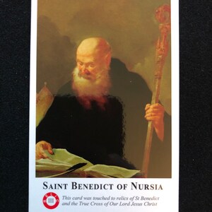 BULK PACK 50 CARDS Saint Benedict of Nursia Third Class Relic Holy Card Touched to a relic of Saint Benedict and True Cross of Our Lord image 2